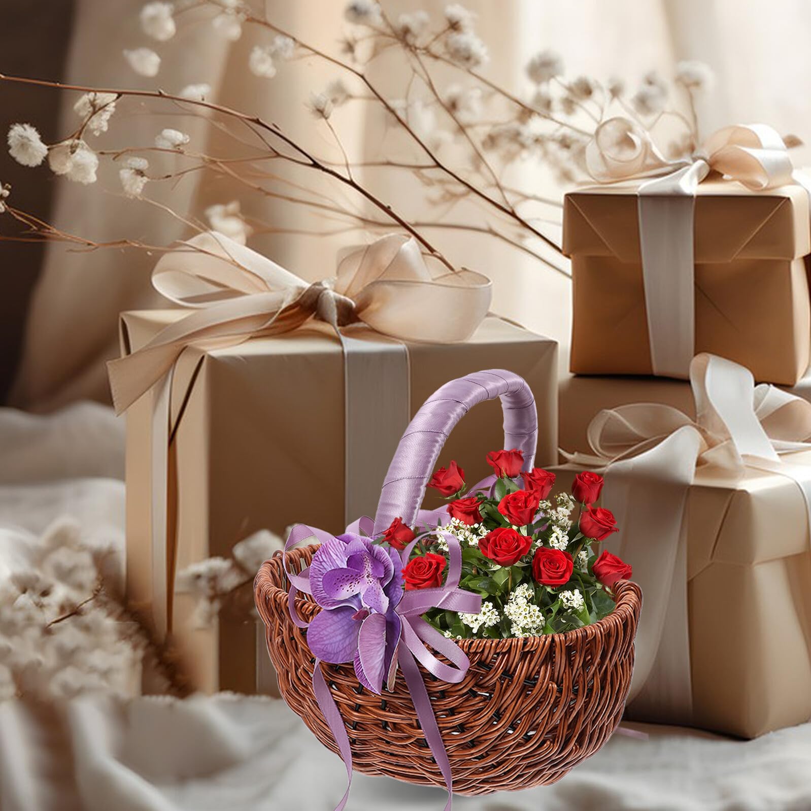 Cesta Tejida para Niña de Flores para Boda Asa Morada, Cesta Decorativa Artesanal de Madera y Plástico, Accesorio Ligero y Resistente para Ceremonias y Eventos Obsequios