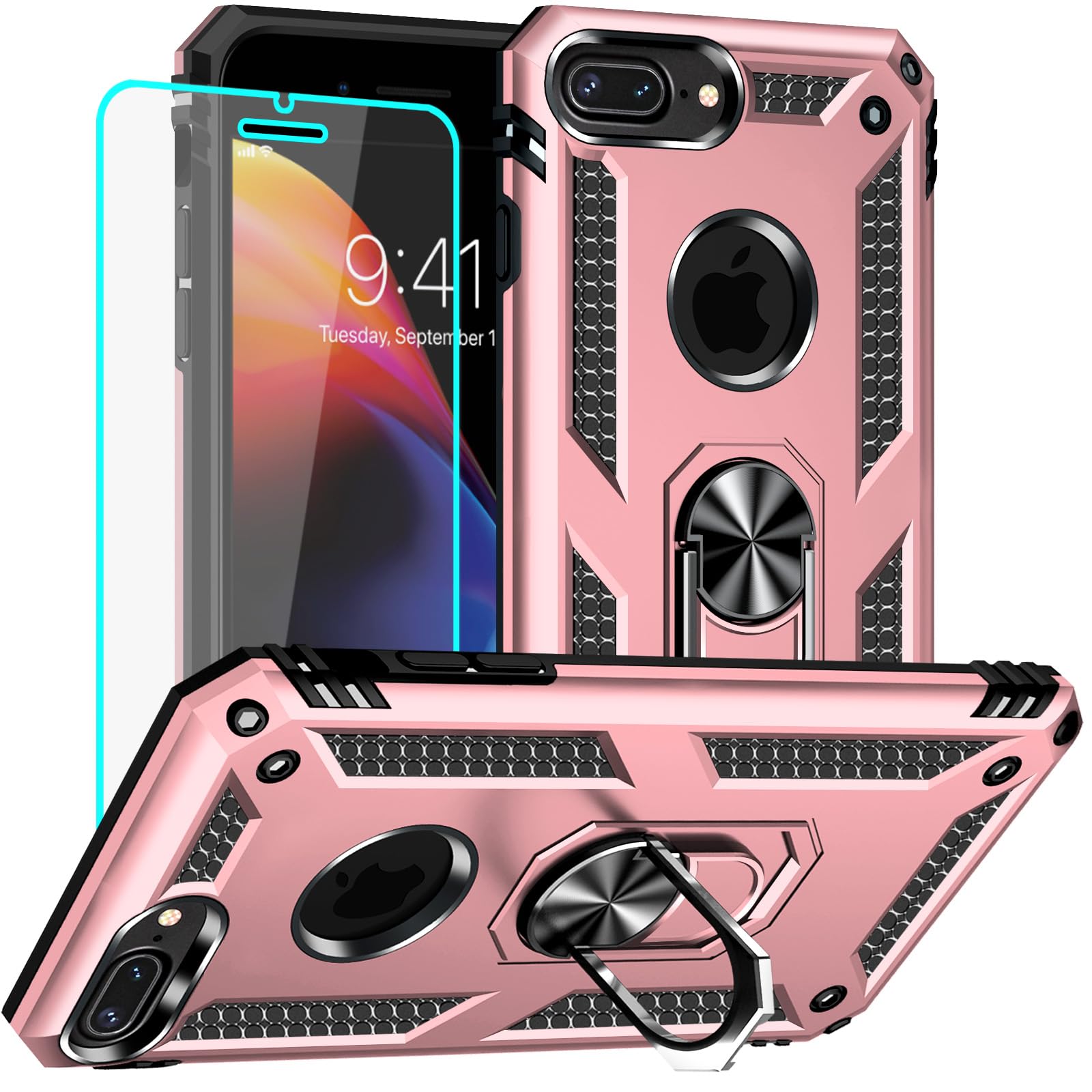 Yiakeng iPhone 8 Plus Case: Phone Case with HD Screen Protector - Military Grade Protective Case with Ring (Rose Gold)