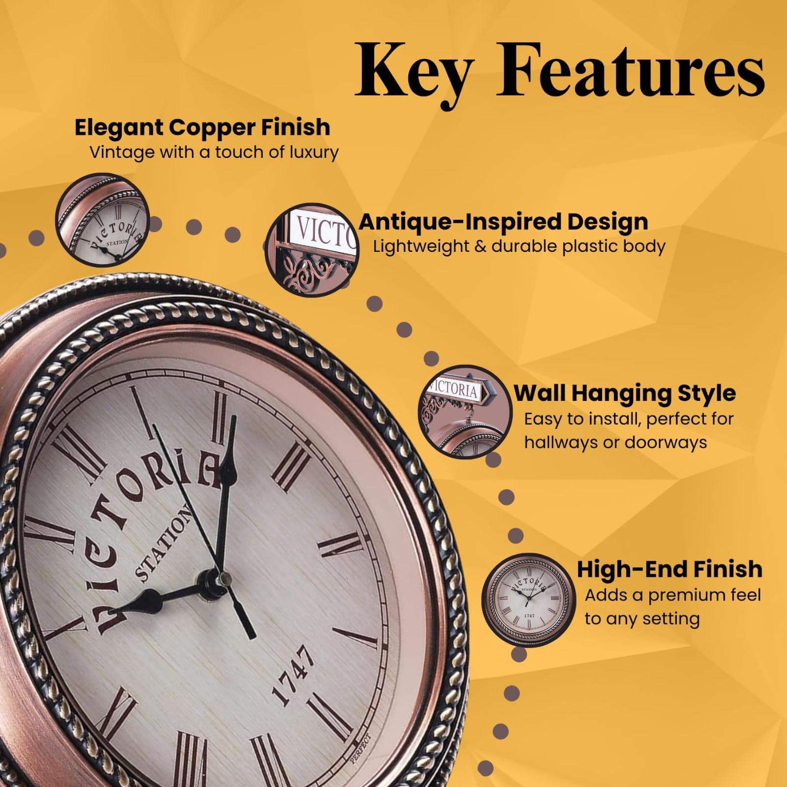 Ximdeco® Golden Plastic Wooden Pattern Replica Dual Side Victoria Station Analog Wall Clock Hanging Style Platform Railway Clock Home Decor (Copper) (Length 33 cm, Width 10 cm) 2