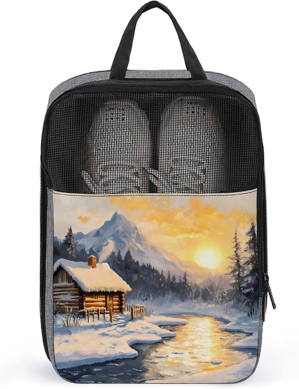 Warm Winter Sun Cabin by The Lake Shoe Bag Organizer for Travel with Handle | printed,double zippered closure,for sneaker soccer cleats dance essentials