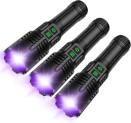 UV Flashlight Rechargeable, 2-in-1 Powerful Blacklight LED Flashlight, Tactical 6 Modes Bright High Lumens Water Resistant Zoomable Detector for Pet Urine Curing Resin Camping Emergencies (3 Pack)