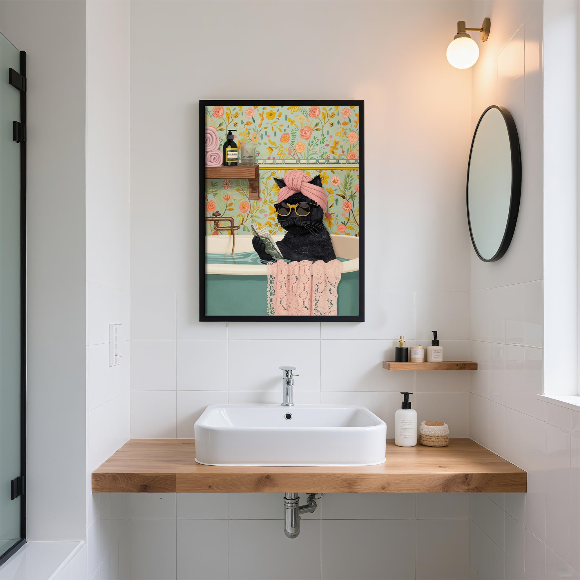 Framed Vintage Cat Canvas Wall Art, Funny Pink Animal Reading Books Painting Picture Print, Cute Kitten Lovers Aesthetic Wall Decor for Nursery Girls Room Bedroom Kids Room 24''L x 16''W