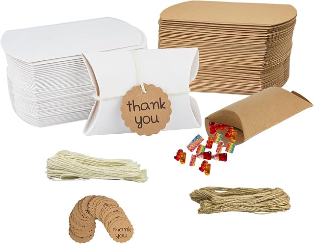 Kikuo 100pcs Pillow Gift Boxes White, Kraft Paper Candy Boxes for Gifts Jute Candy Box Party Wedding Favor Chocolate Boxes Sweet Bags - Easy Assemble Favour Present Box - Parties, Birthdays, Weddings
