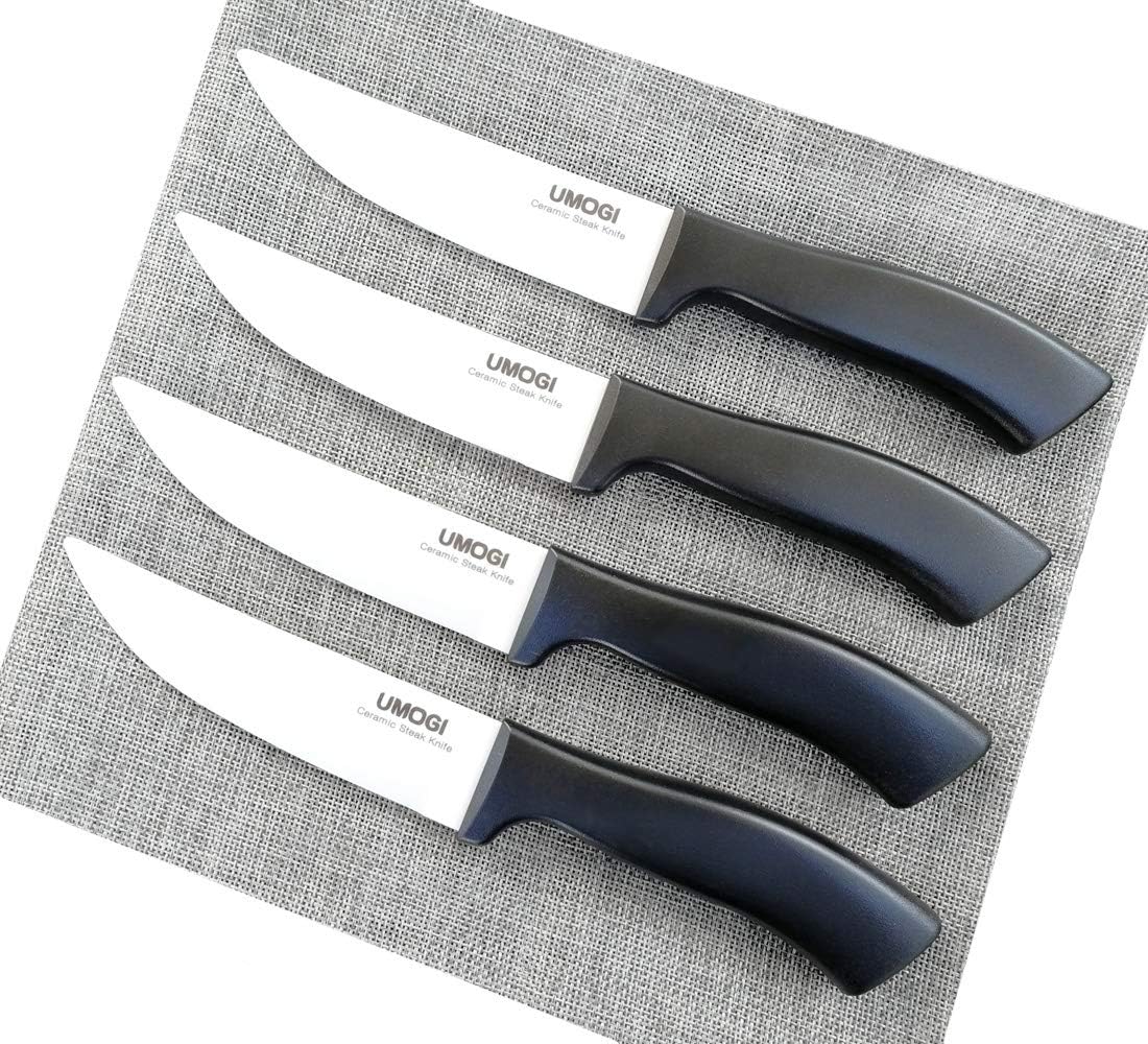 Ceramic Steak Knife Set of 4 with Sheaths in Gift Box, Large Size - Healthy Stain Resistant & Rust Proof, Dishwasher Safe - Utility Knife Great for Cutting Meat Tomatoes Vegetable Fruits BBQ UMOGI - Amazon product rated Grade A