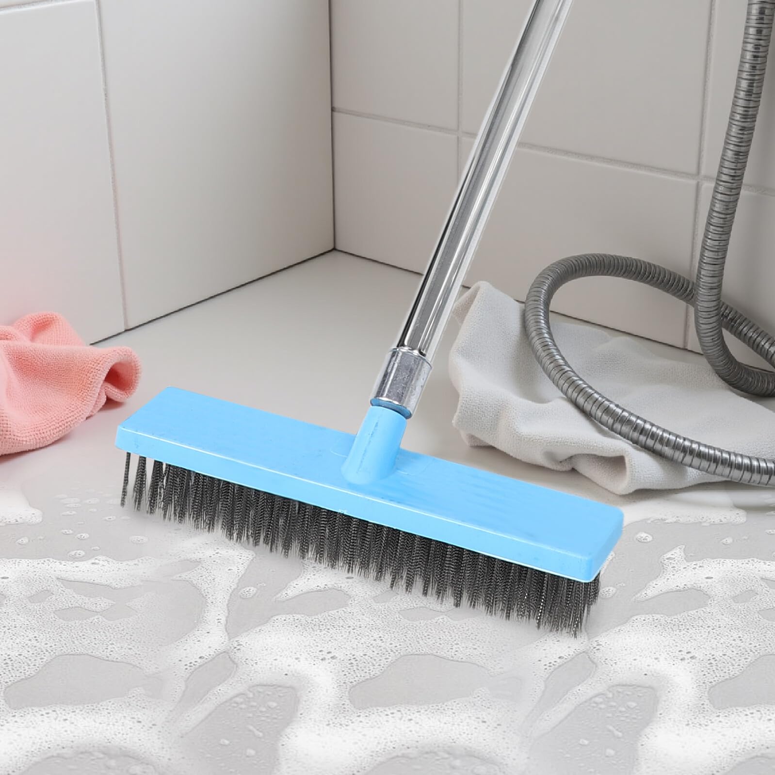Cepillo para Fregar Suelos de Baño con Mango Largo de 16 M Cerdas de Acero Inoxidable de 30 CM Limpiador de Lechada para Azulejos Adecuado para Duchas Bañeras y Pisos de