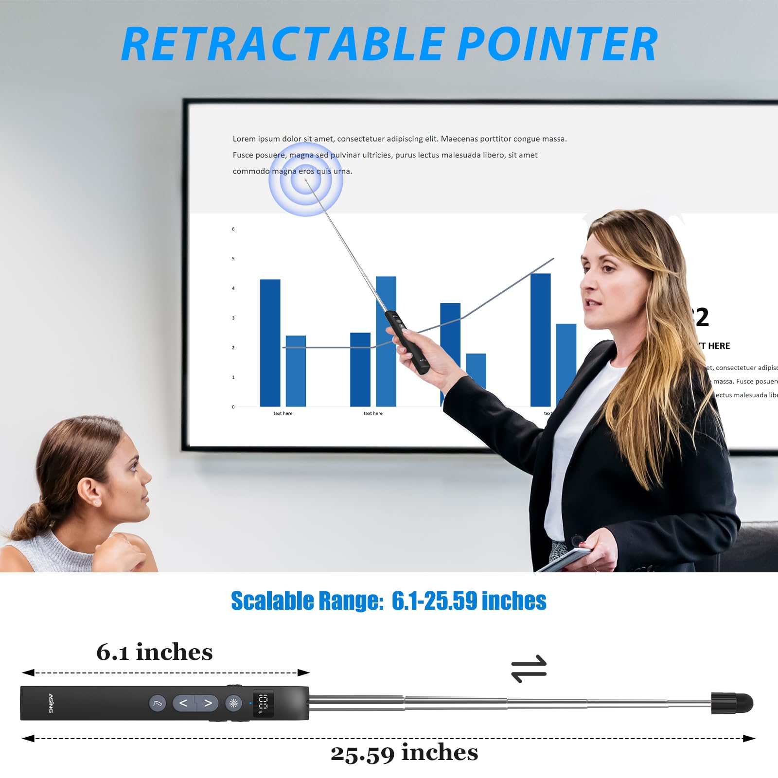 ASING Wireless Presentation Remote Clicker with Touch Screen Stylus Pen and Telescopic Pointer Stick,Rechargeable Professional Presenter with Digital Display,Slide Advancer for Mac,Laptop