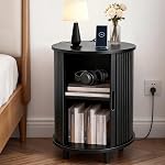 DHH Table ronde avec stockage & Station de recharge, Table latérale Accent Fluted avec porte coulissante & Plateau réglable, Table de chevet pour petits espaces, Salon, Chambre (1, Noix jaune)
