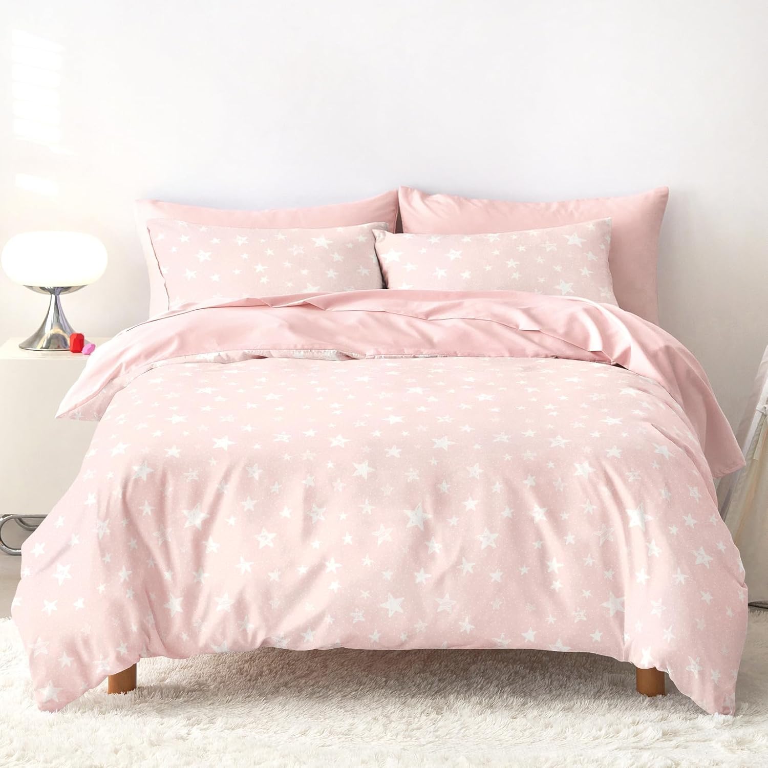 Wake In Cloud - Star Bedding Set for Boys Girls, Cute Stars Polka Dot, Soft Lightweight Comforter Set with Sheets, 5 Pieces Kids Bed in a Bag, Light Pink, Twin Size
