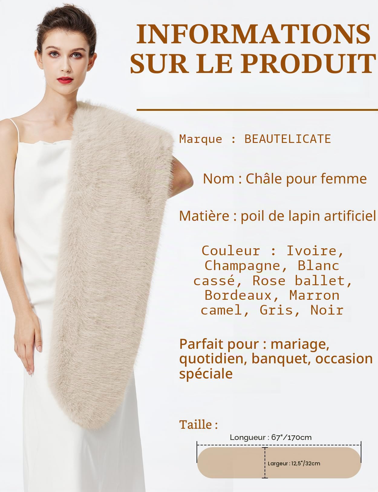 BEAUTELICATE Châle Étole En Fausse Fourrure Cape De Femme Mariage Hiver Boléro Fourrure Sur Robe de Soirée Mariée Demoiselle d'honneur Cérémonie Fête
