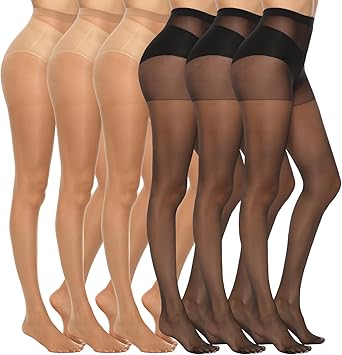 MANZI 6 Pairs Women's 20D Sheer Silky Pantyhose Run Resistant Nylon Tights High Waist Stockings with Control Top