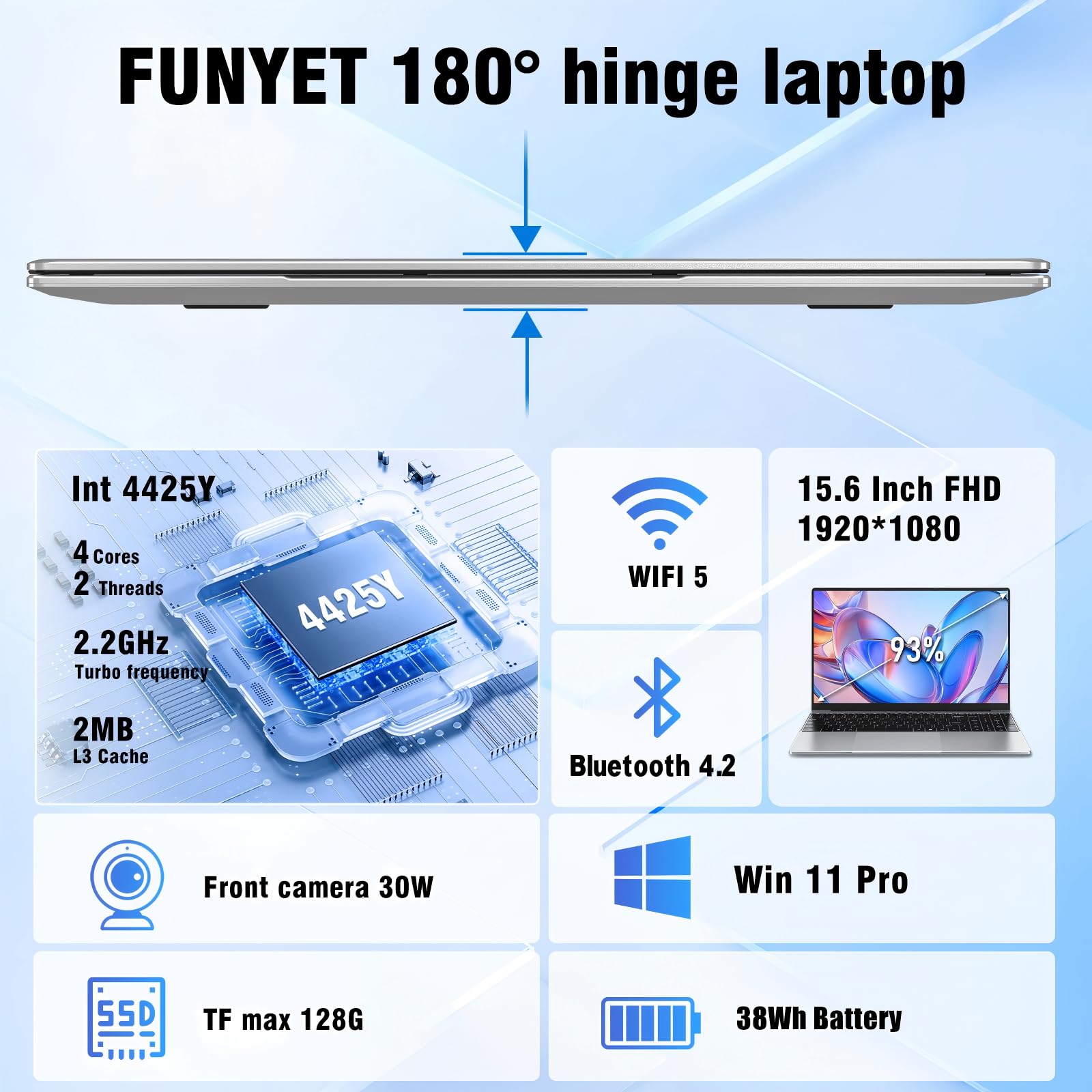 FUNYET Laptop, New Laptop, 2026 15.6 Inch Laptop PC, 16 GB RAM 512 GB SSD, Pentium Gold 4425Y, IPS FHD 1920 * 1080 Notebook, 180° Opening, 5000 mAh, Student, Type-C - 2