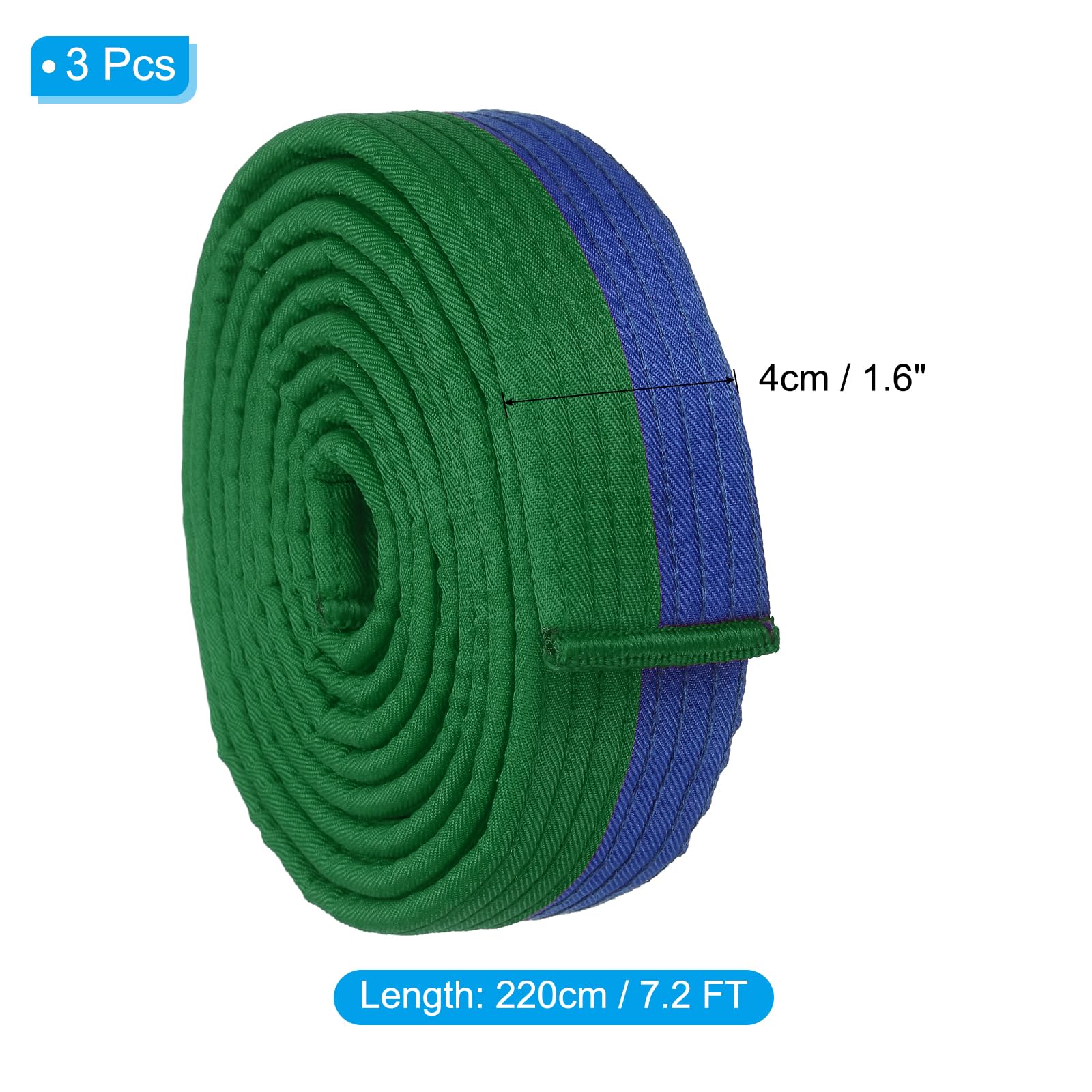 PATIKIL Cinturón de Ranking de Taekwondo de Colores Paquete de 3 1.6" x7Ft 2.2M Cinturones de Artes Marciales de Poliéster Judo Karate para Enseñanza de Entrenadores Verde y Azul