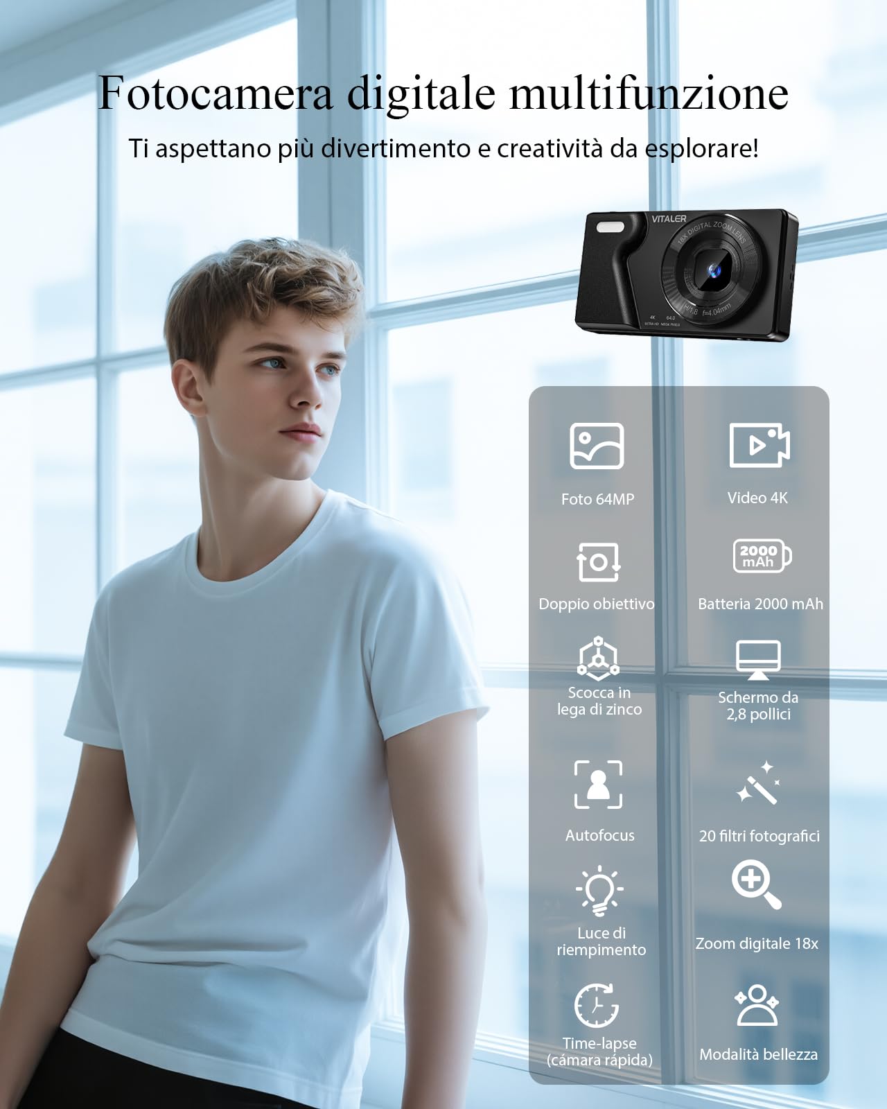 Macchina Fotografica Digitale 64MP 4K con Doppio Obiettivo,Batteria da 2000 mAh,Scocca in Lega di Zinco,Schermo LCD da 2,8",Zoom Digitale 18x per Principianti(Nero,NESSUNA SCHEDA SD)