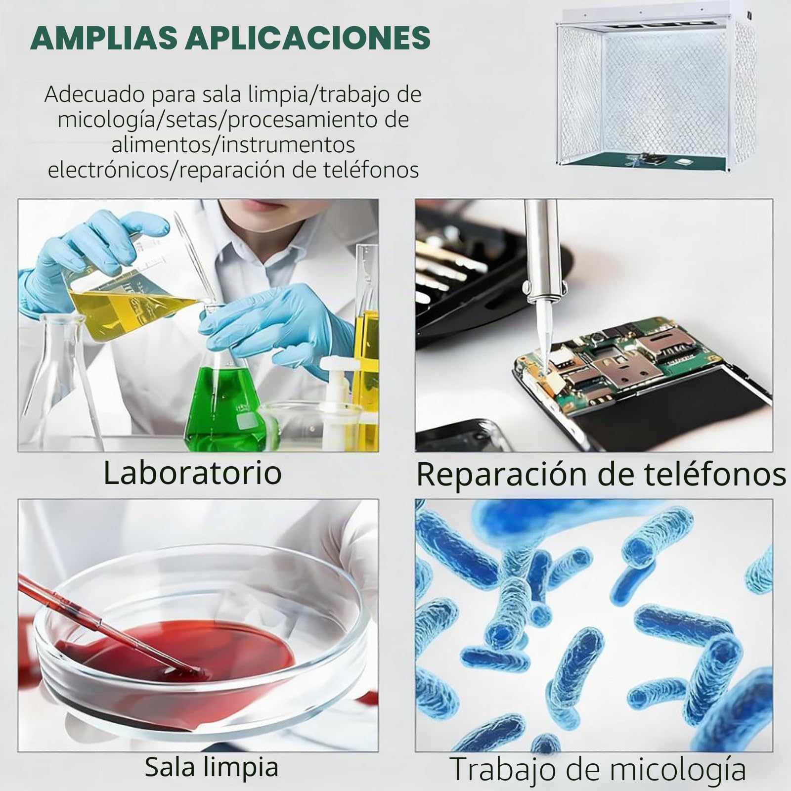 Cabina de Flujo Laminar Vertical para Micología, Cabina de Flujo Laminar con Filtro Eficiente, Nivel de Limpieza ISO 5, Ideal para Reparación de Teléfonos y Uso en Laboratorios. Silenciosa.