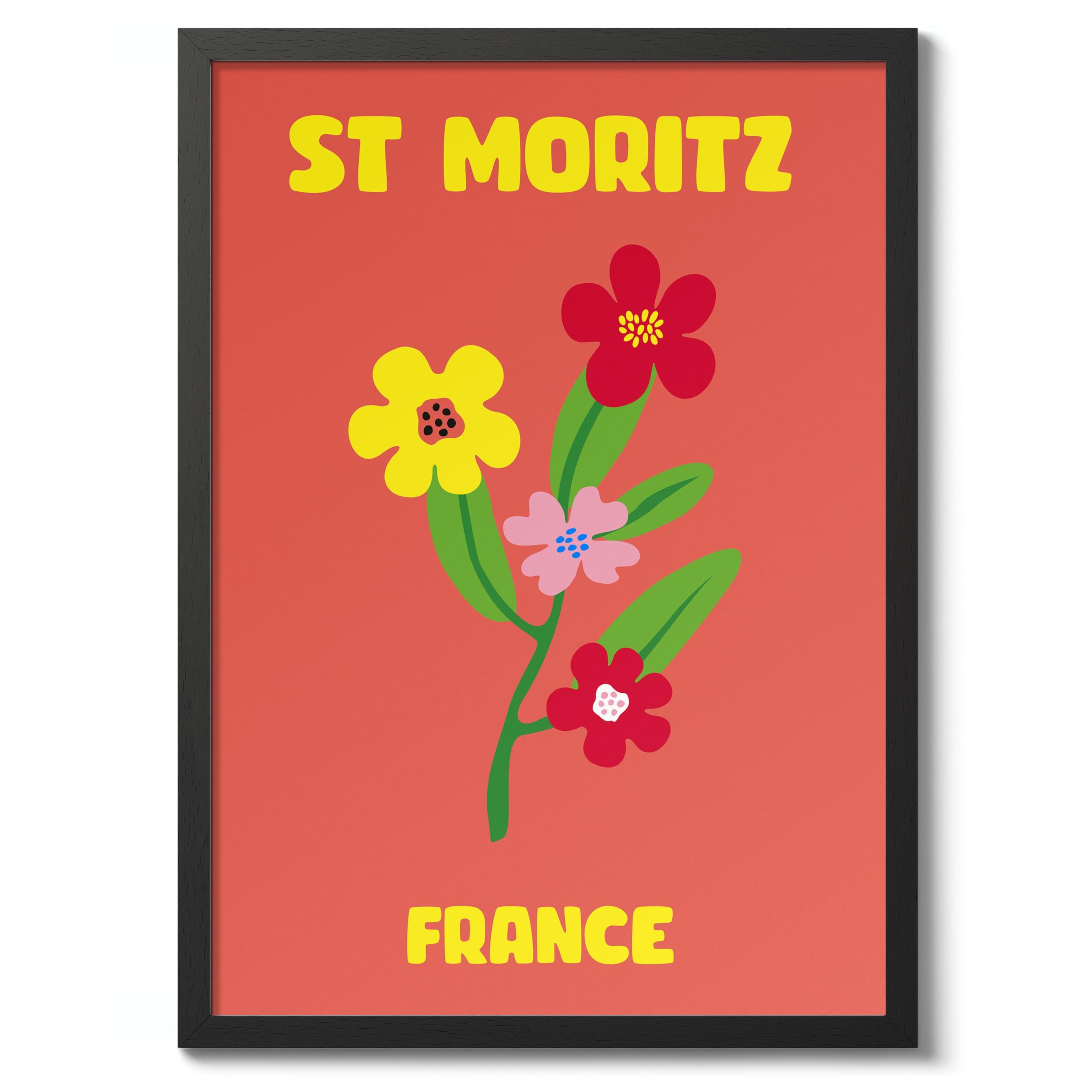 St Moritz Travel Poster, Colourful Abstract Preppy Minimalist Room Decor Wall Art Print, Archival Matte, A3 (Black Frame) - 42x29.7cm