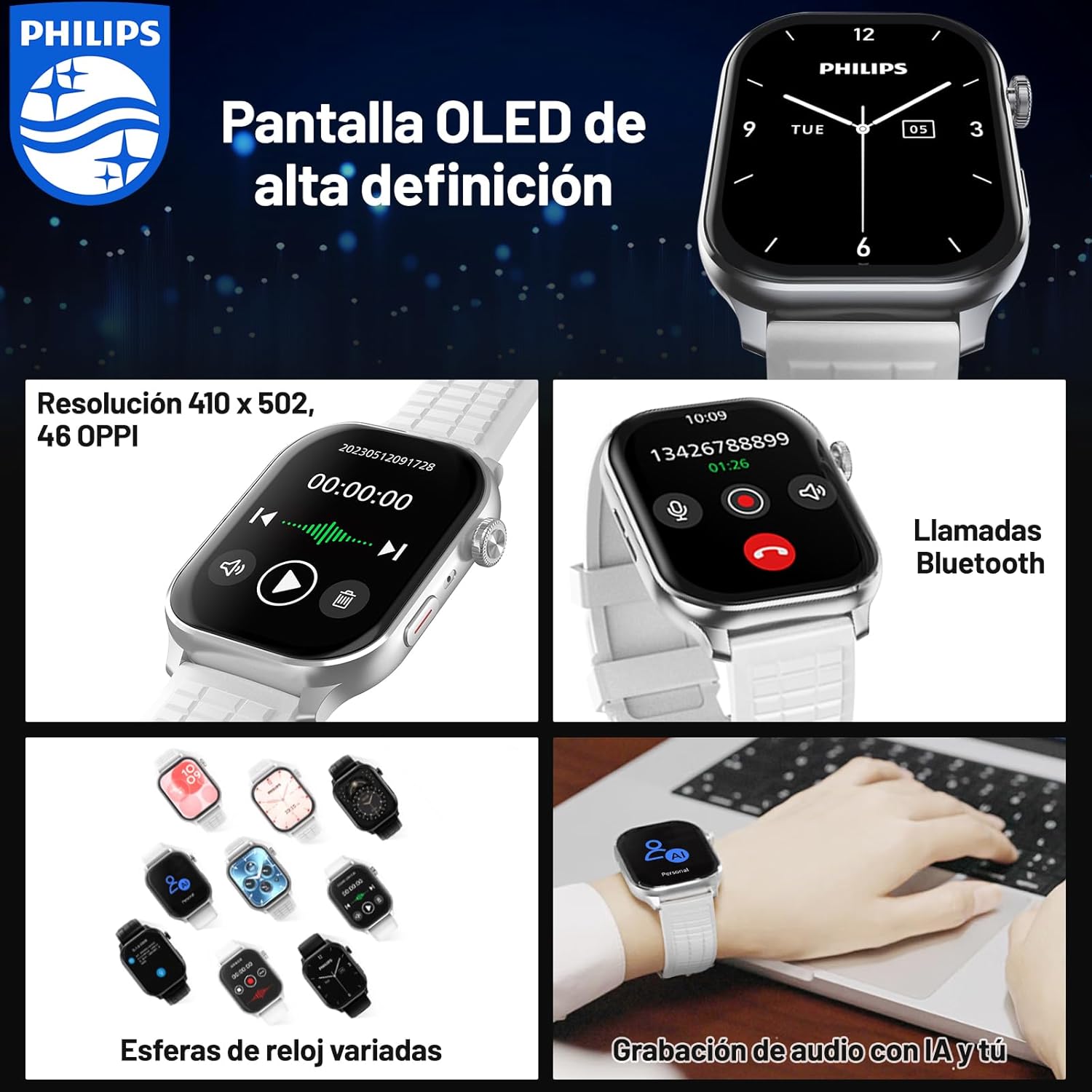 Smartwatch display showing various watch faces and call interface