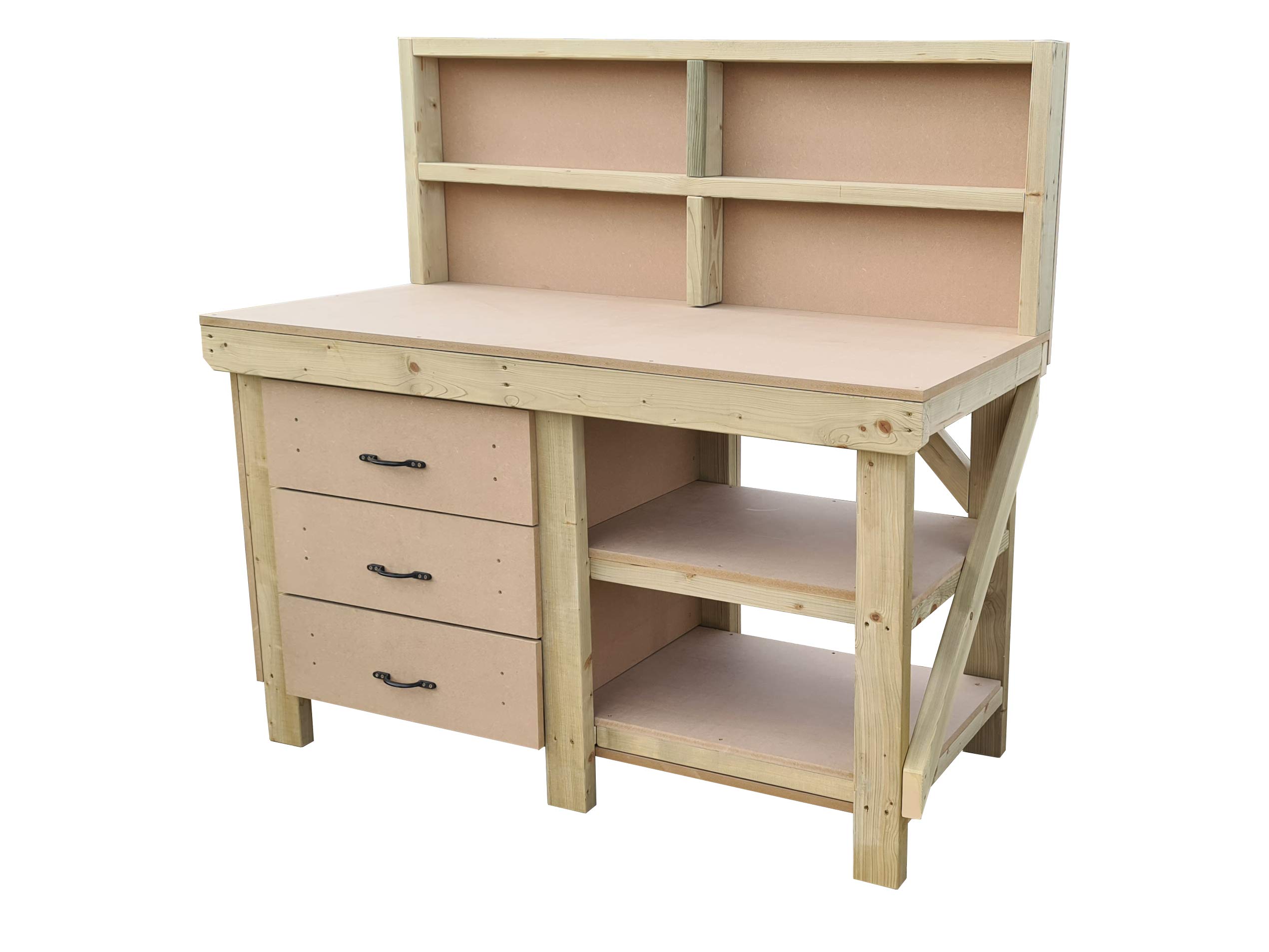 Arbor Garden Solutions Natural Wooden Mdf Workbench 3X Drawer Tool Cabinet With Double Storage Shelf And Back Panel (6Ft)