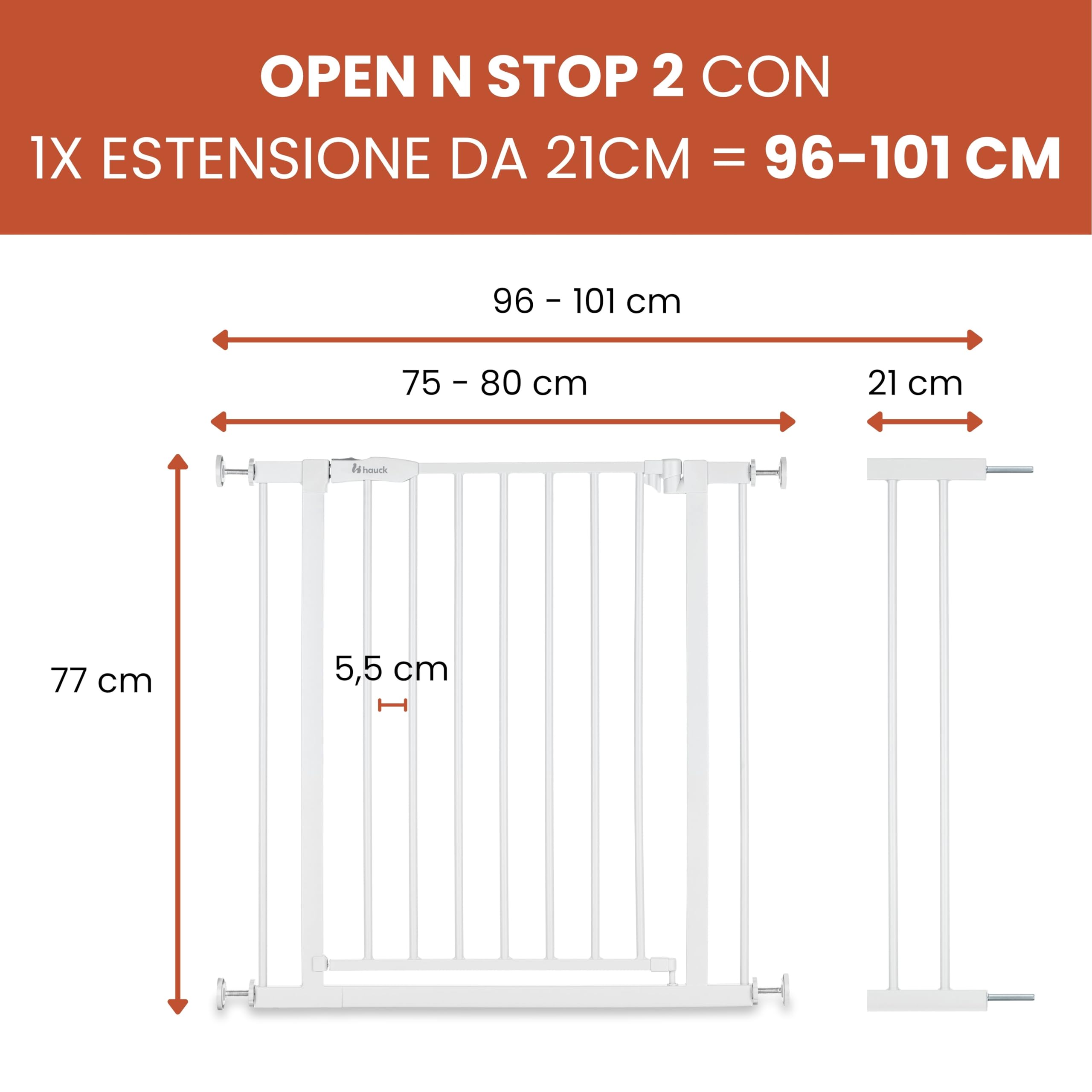 hauck Open N Stop 2 + Estensione da 21 cm, Grigio Scuro - Cancelletto per Bambini Cani, Larghezza Regolabile da 96 a 101 cm, Alto 77 cm, Apribile con una Mano in Entrambe Direzioni, Solo per Interno