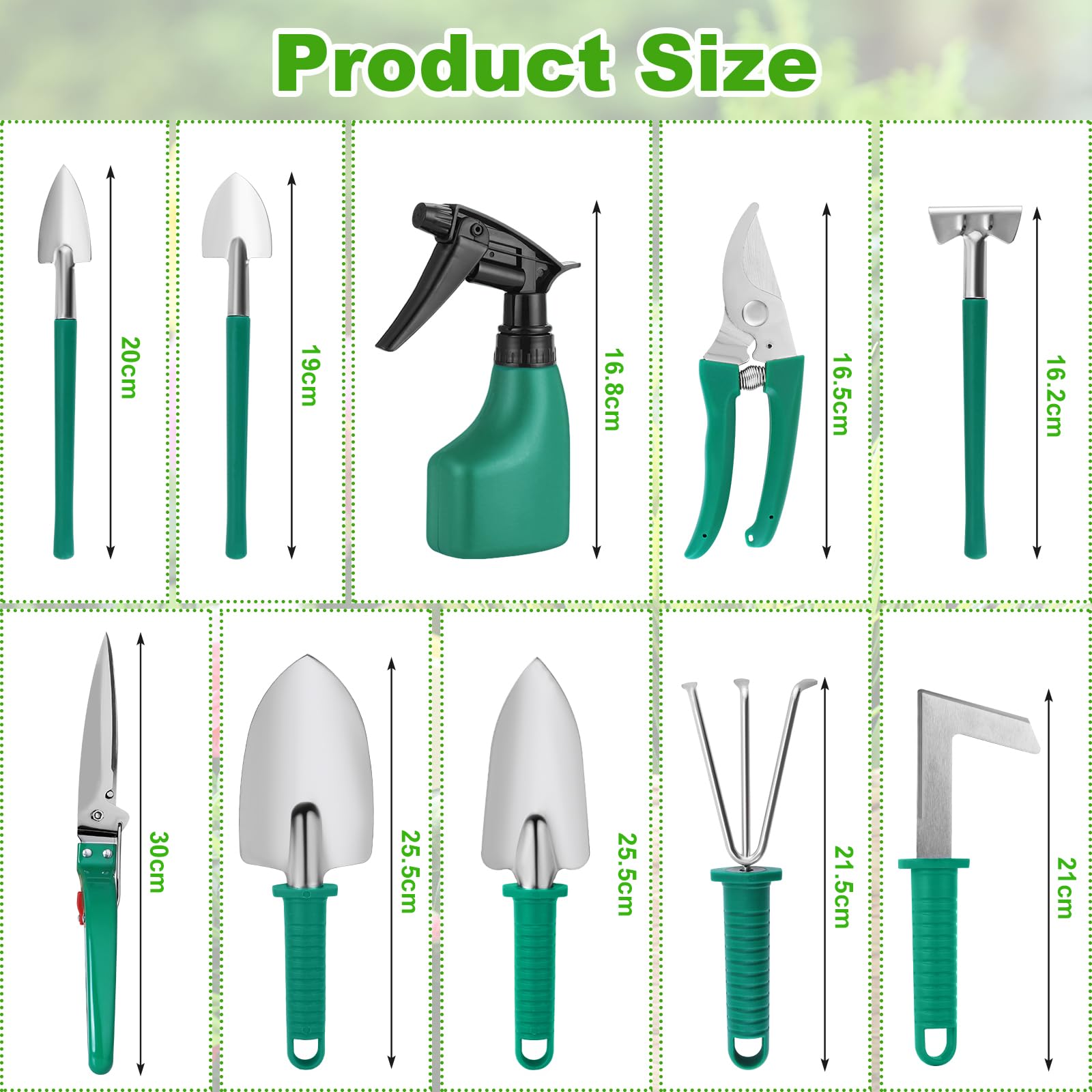 Kit de Jardinage, 10 Pièces en Acier Inoxydable Outils de Jardinage avec Boîte de Rangement，Truelle, Râteau, et Pulvérisateur(Vert)