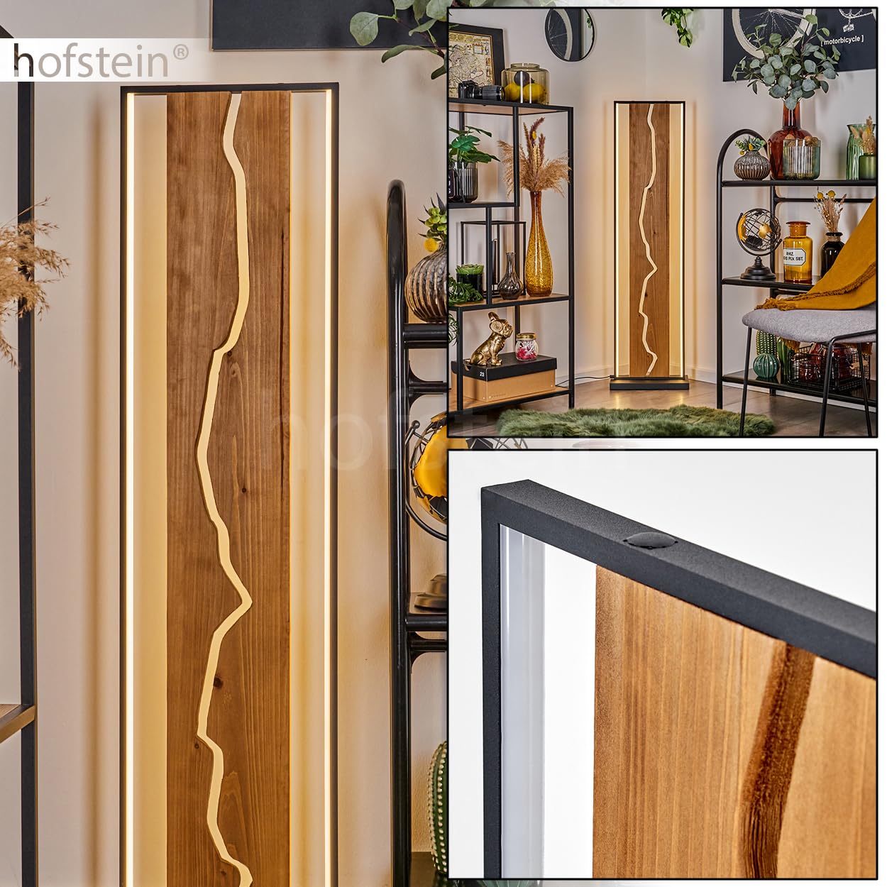HOFSTEIN LED Stehleuchte Terre, moderne Stehlampe aus Metall/Holz/Kunststoff in Schwarz/Natur/Weiß, Retro/Vintage-Design mit Schirm aus Holz, 18 Watt, 2300 Lumen, 3000 Kelvin, Wohnzimmer, Schlafzimmer