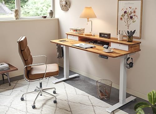 Miniatura 2 de FEZIBO Escritorio eléctrico de pie ajustable en altura con cajón doble, mesa de pie de 40 x 24 pulgadas con estante de almacenamiento, escritorio de