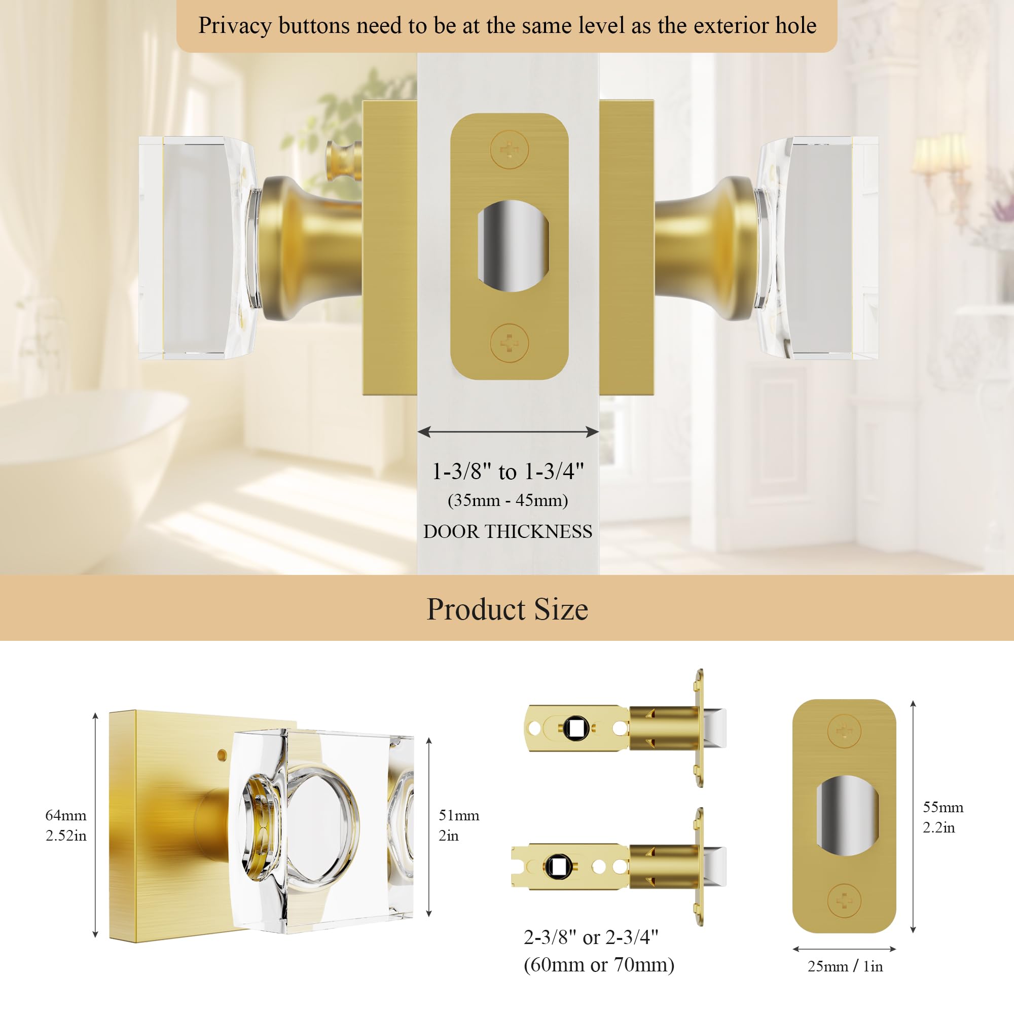 Brushed Gold Door Knobs - Crystal & Modern Design -5