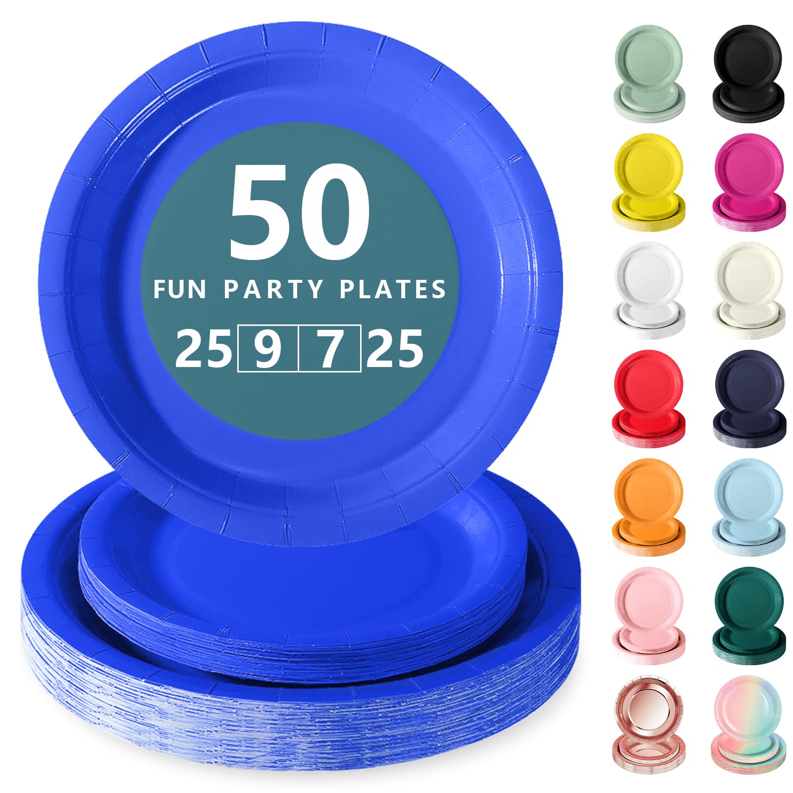 Nkaiso Disposable Paper Plates 50 Pack, Royal Blue Party Plates Dinner Set - 25x9inch & 25x7inch Plate Elegant Disposable Tableware for Birthday, Wedding, Christmas Party Supplies