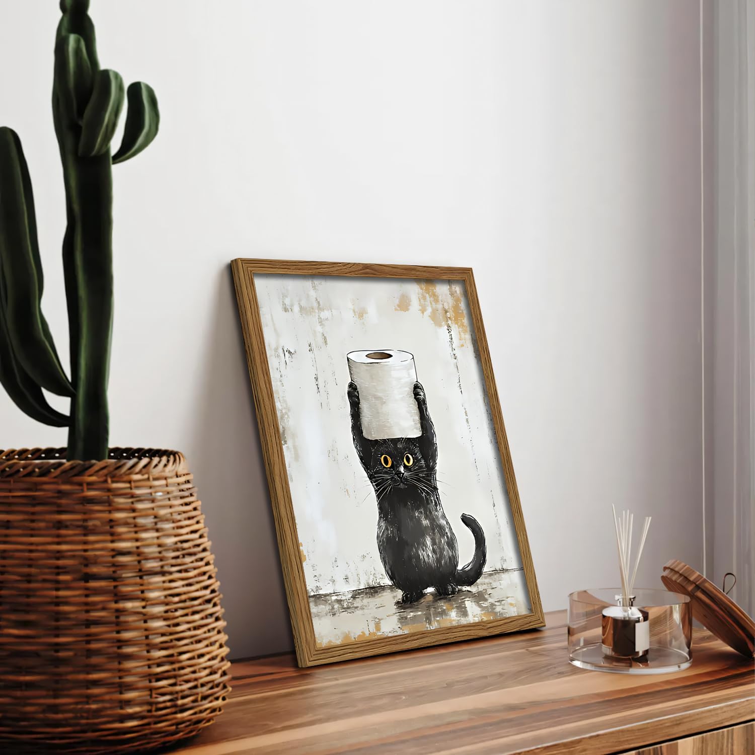 JZMGGQQ Funny Black Cat Bathroom Wall Art, Cute Kitten with Toilet Paper Rustic Farmhouse Wall Decor, Whimsical Animal Canvas Art for Bathroom Restroom, Natural Wood Frame 16x12 In - Image 4