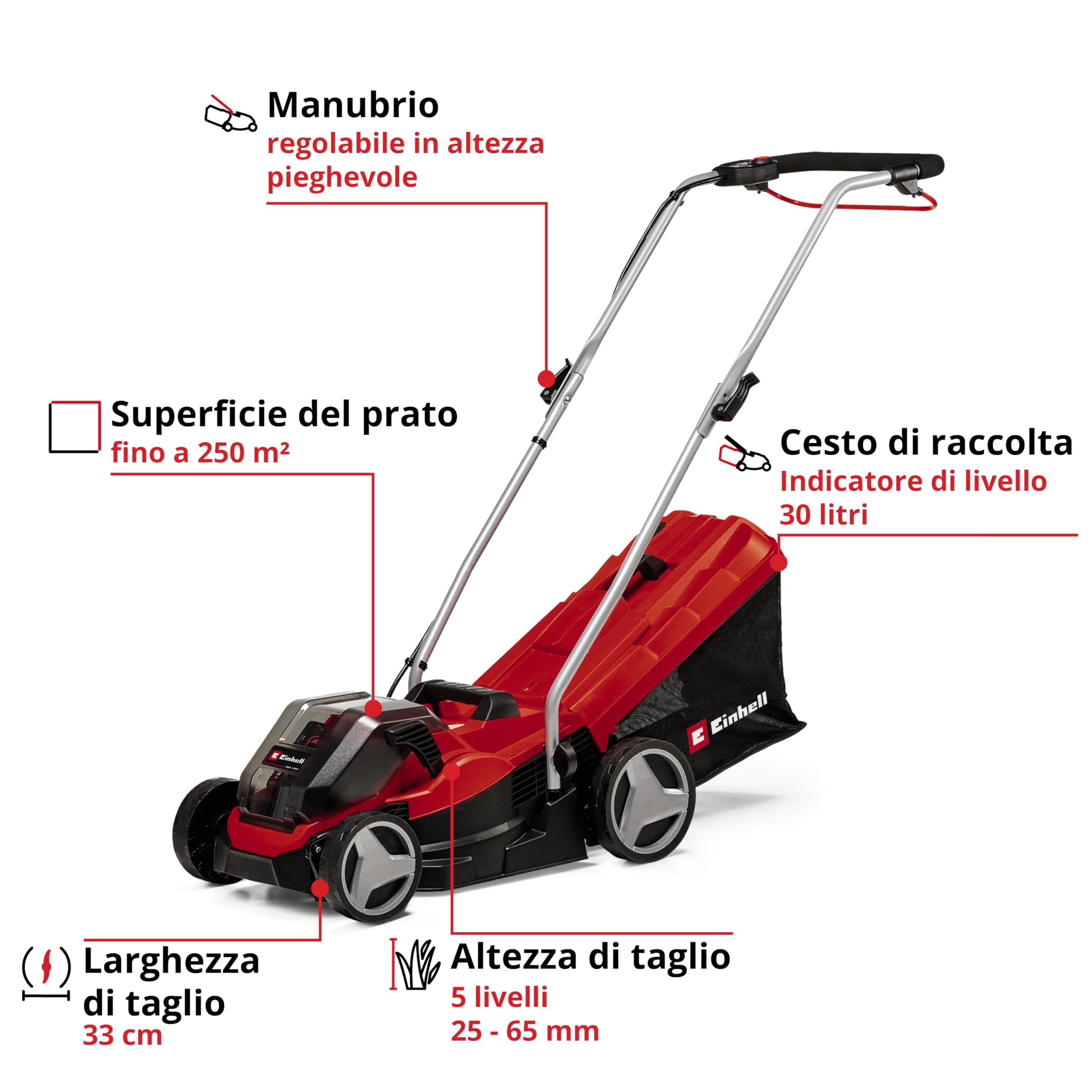 Einhell Tosaerba a batteria GE-CM 36/33 Li Kit Power X-Change (36 V, 33 cm larghezza di taglio, fino 250 m², 30 L sacco raccoglitore, incl. 2x 2,5 Ah batteries e 2x caricabatteriee)