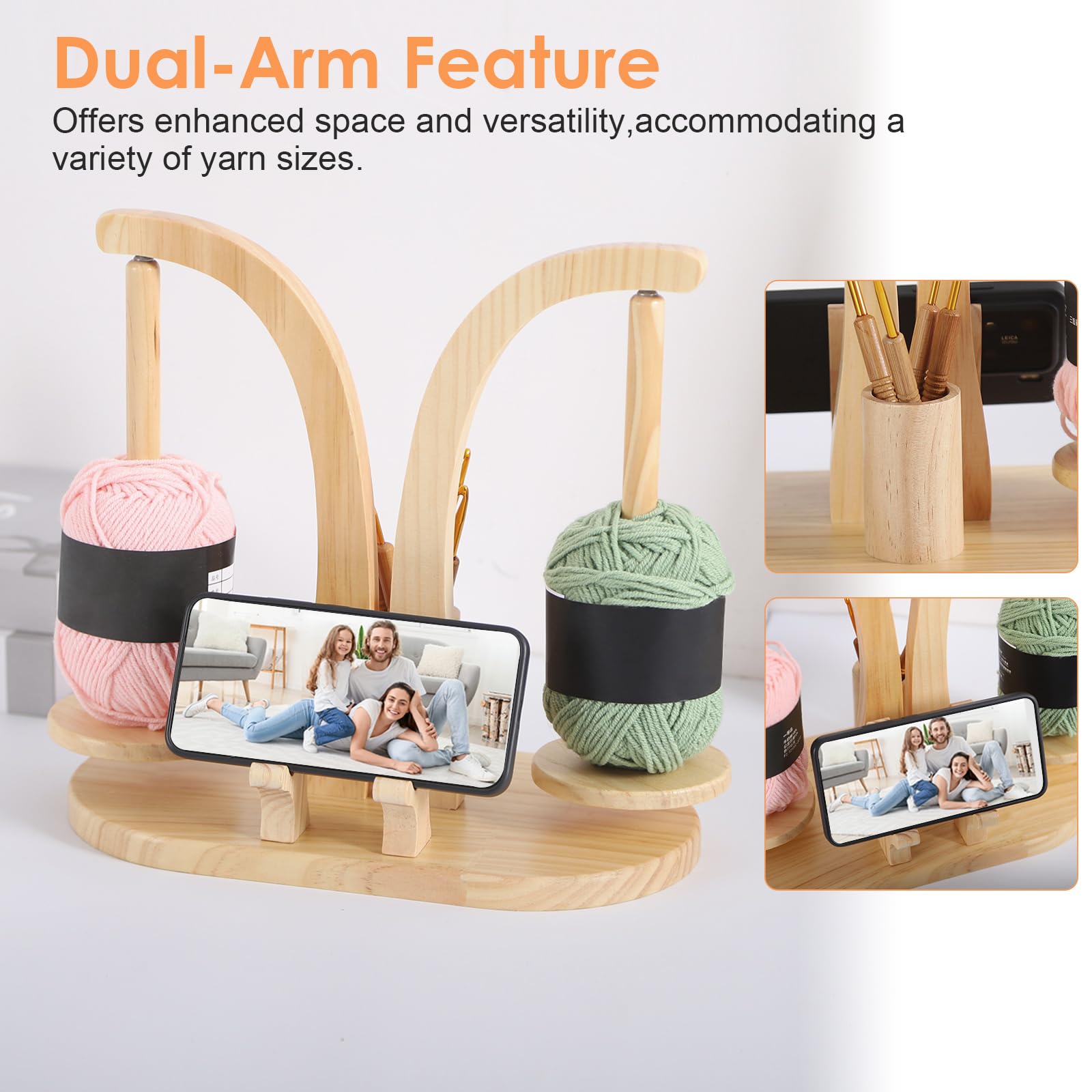 Svolgitore magnetico in legno con organizer per accessori a maglia, supporto per filo rotante per lana, con supporto per cellulare per amanti del uncinetto (legno naturale)