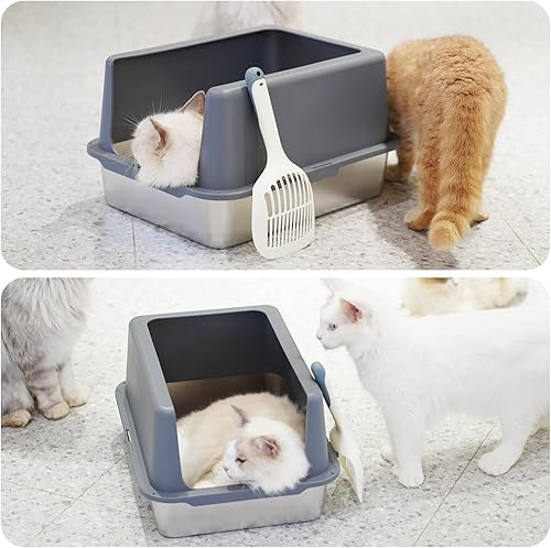 Miniatura 9 de Caja de arena de acero inoxidable para gatos, caja de arena de metal cubierta, bandejas de arena para gatos con lados altos, cajas de arena