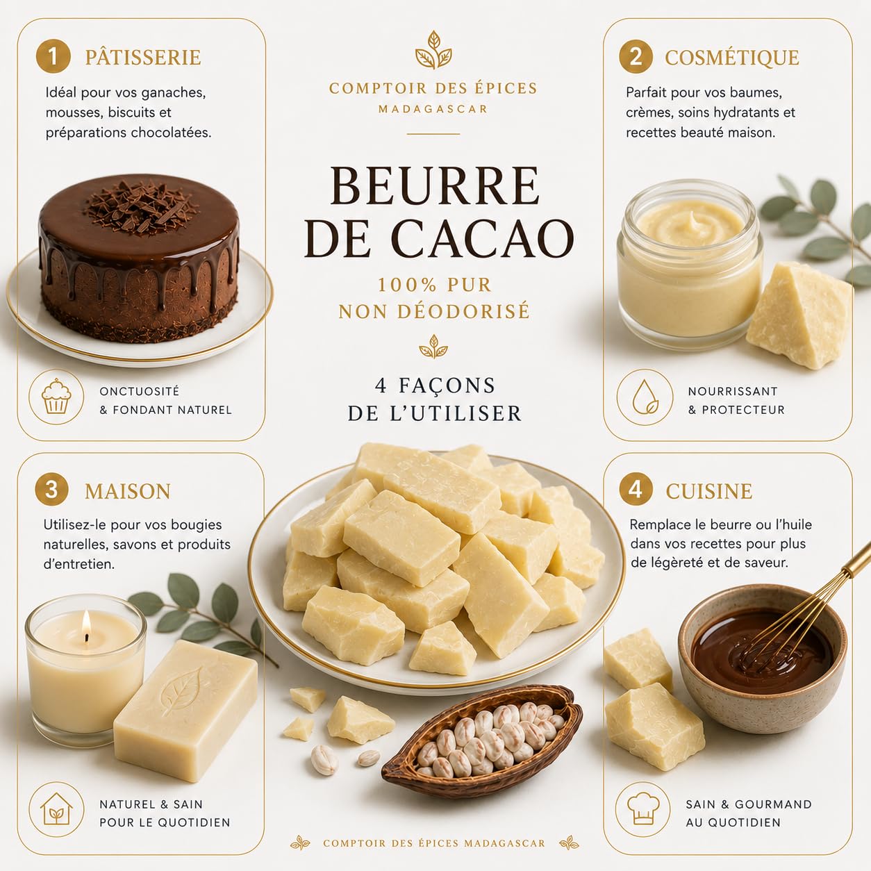 Beurre de Cacao Naturel, Ingrédient Cosmétique et Alimentaire, Hydratant Intense