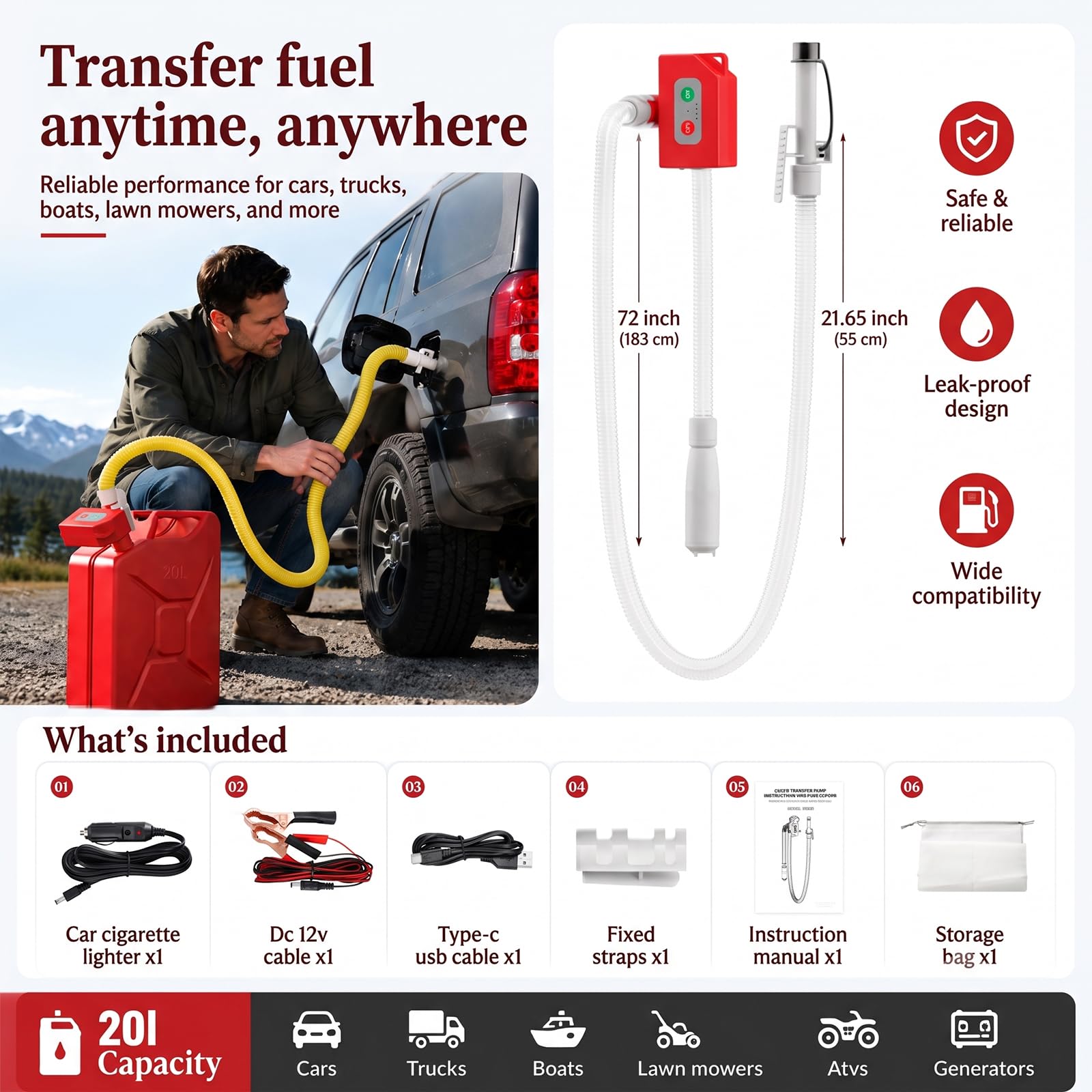 Kraftstoff Umfüllpumpe mit Auto-Stopp-Sensor, Aufladbare Benzinpumpe Elektrische, Tragbare Flüssigkeitspumpe Multifunktions Dieselpumpe Kraftstoffpumpe für Kanister Benzin, Öl, Diesel