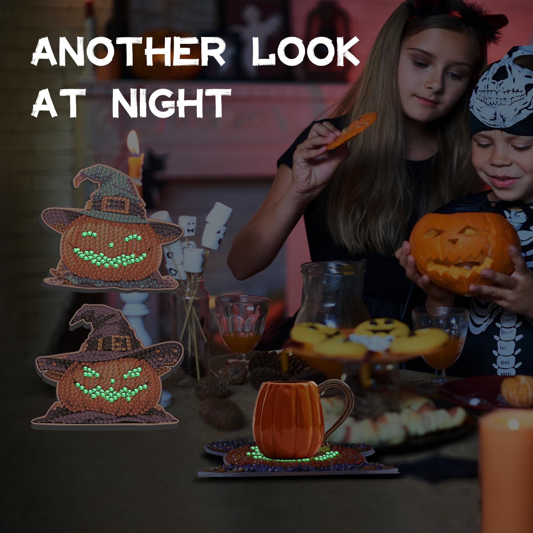 Meothan Halloween Diamant-Untersetzer Set – 8-teilig, Mit Korkboden, DIY Bastelset Für Erwachsene