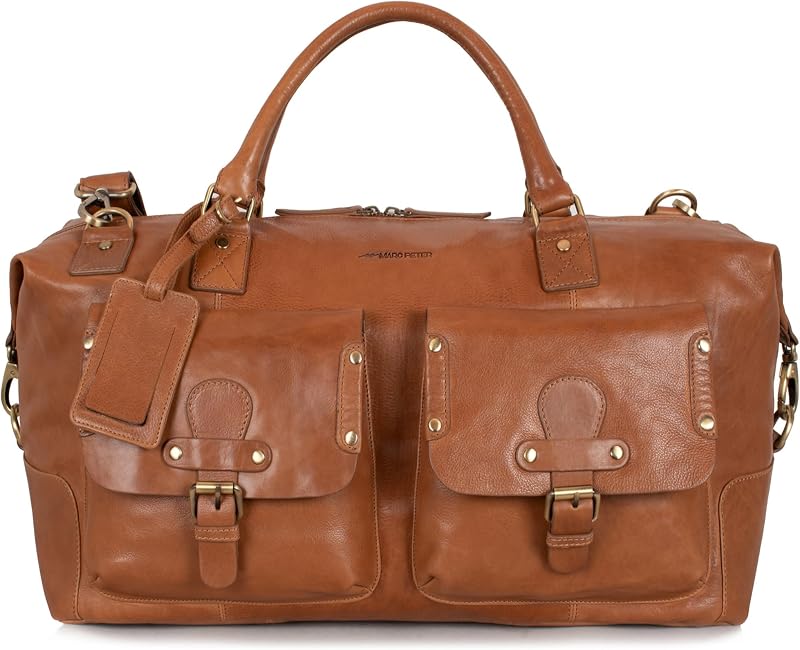 Marc Peter Wax Tan Bőr Utazótáska Férfiaknak Hétvégi Weekender Duffel Bag Nagy XL