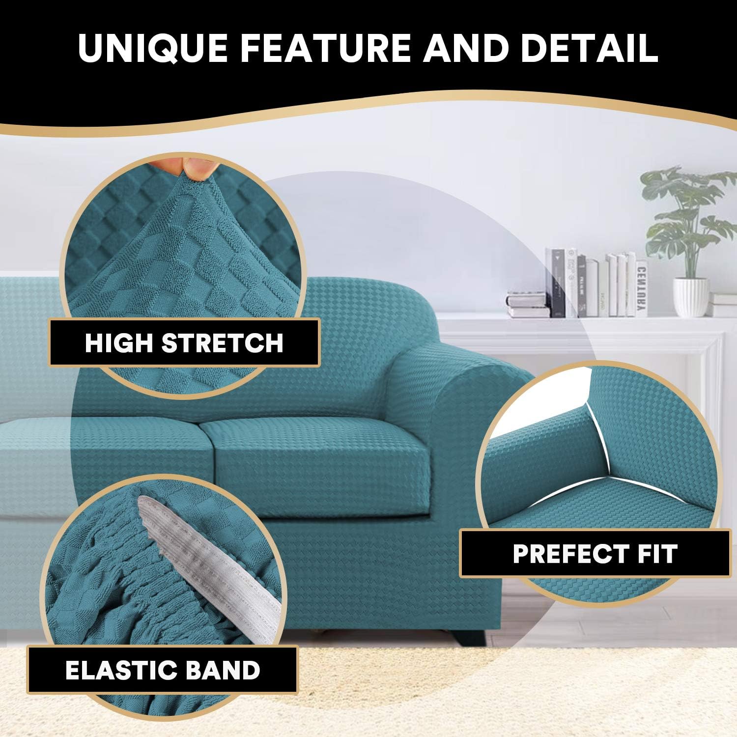 3 Piece Sofa Covers Stretch 3D Modern Pattern Sofa Covers for 2 Cushion Couch Covers Sofa Slipcovers Plus 2 Individual Cushion Covers, Ultra Thick Bouncy Customized (Large, Teal Blue)