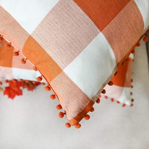 Miniatura 5 de 4TH Emotion - Juego de 2 fundas para cojines con pompones diseño búfalo a cuadros estilo granja de poliéster y algodón para sofá 18 x 18 pulgadas