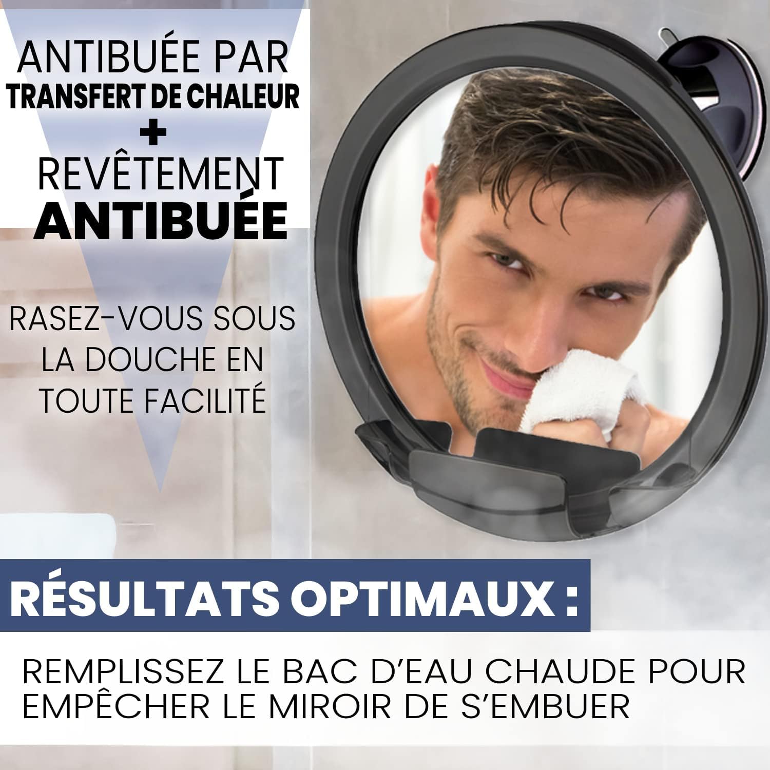 MIRRORVANA Miroir de Douche Anti buée avec Support Rasoir et Ventouse puissante, Miroir incassable pour Rasage sans buée dans la Salle de Bain, 20 cm (Noir)