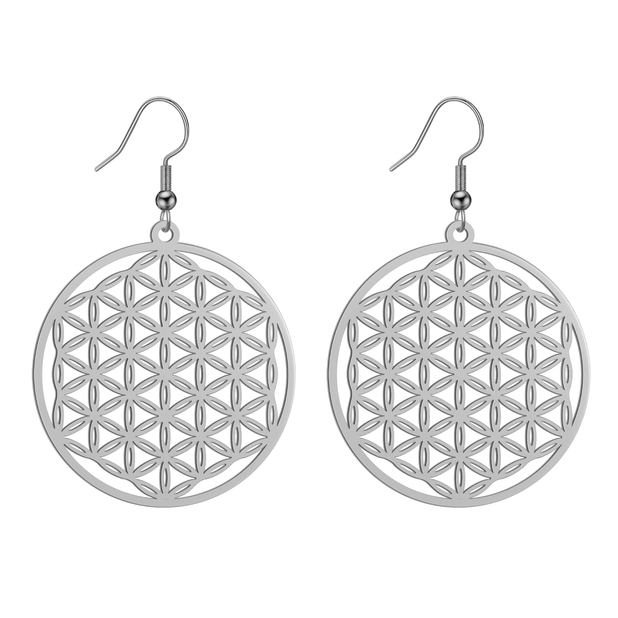 Amaxer Flor de la Vida Semilla de la Vida Mandala Sagrada Geometría Protección Declaración Ahuecado Colgante Colgante Gota Pendientes, Acero inoxidable