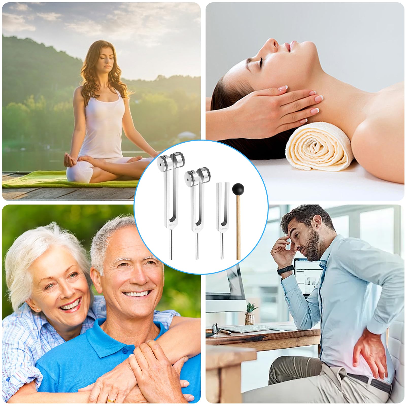 Juego de diapasones de 128 Hz, 256 Hz, 512 Hz, terapia de diapasón, diapasón de aleación de aluminio, respuesta de frecuencia precisa con un martillo de silicona para la terapia, terapia de chakras