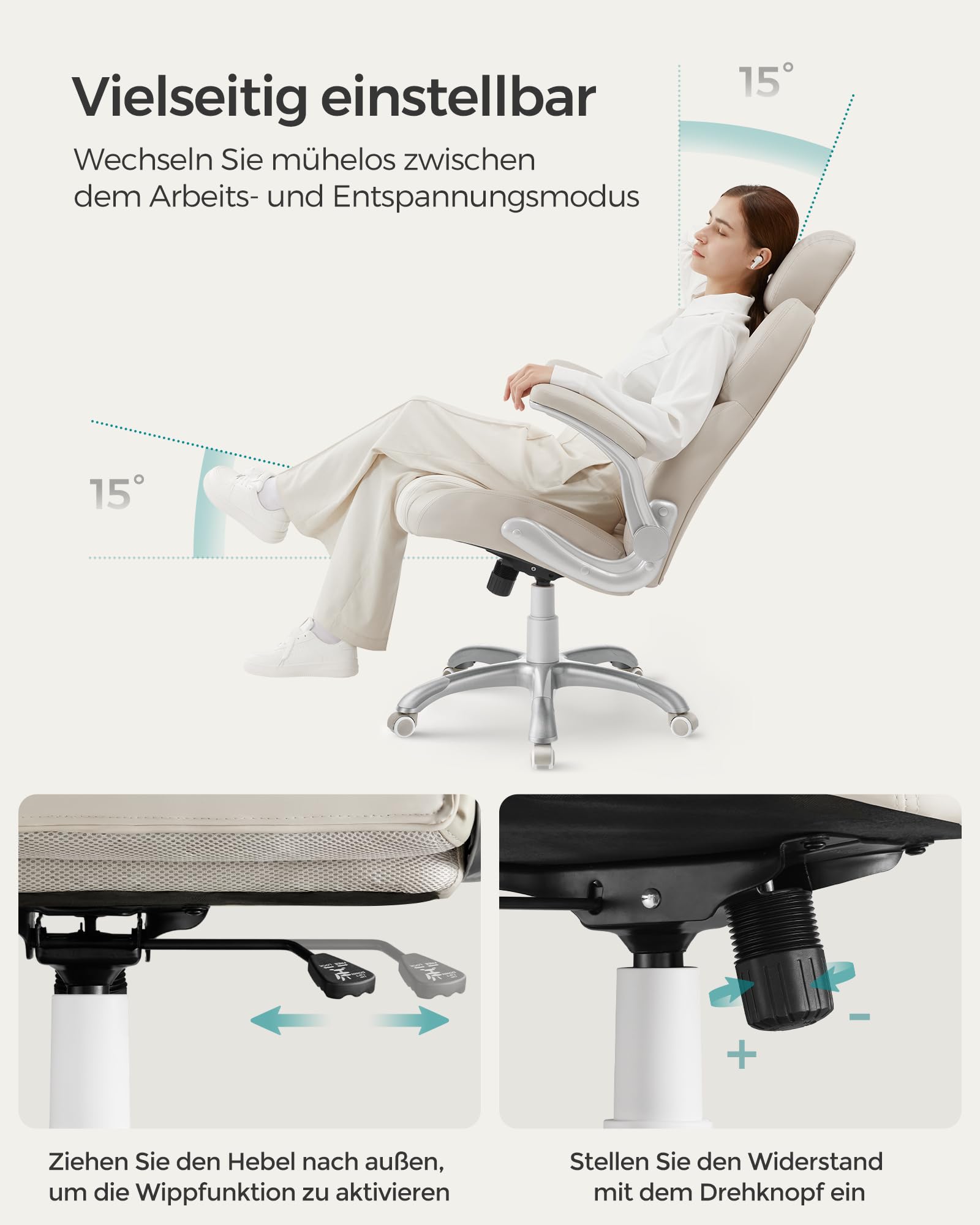 SONGMICS Bürostuhl, verstellbare Kopfstütze, Wippfunktion, höhenverstellbar