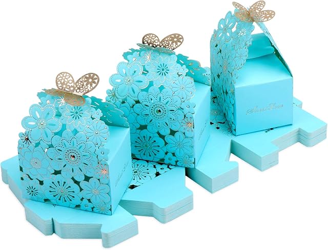 TsunNee Hollow Paper Candy Boxes, Flower Pattern Wedding Favour Boxes, Butterfly Pattern Party Gift Boxes, Creative Paper Treat Boxes, Blue, 30-Pack