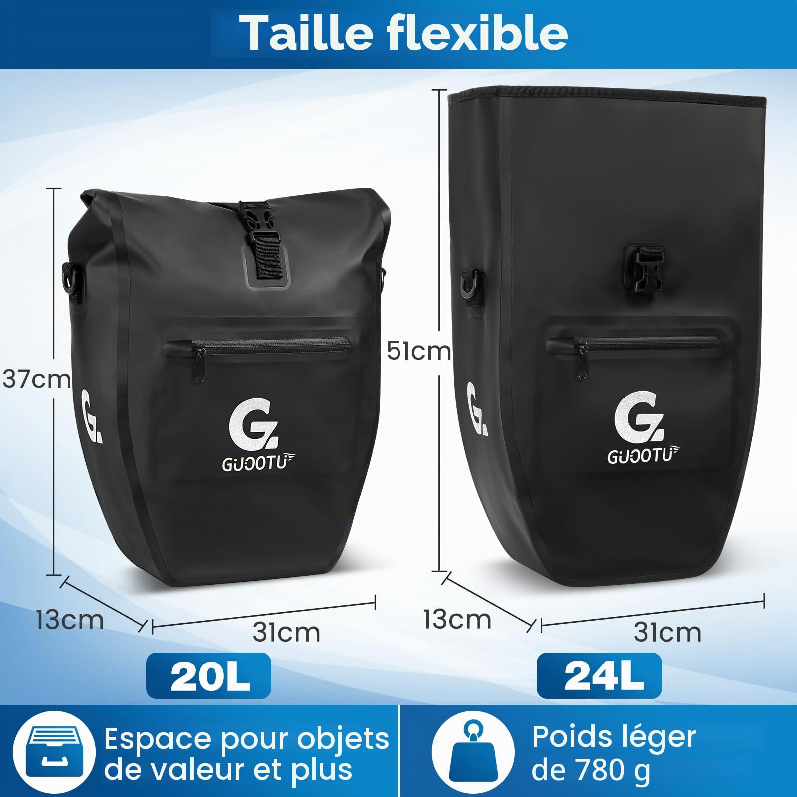 GUOOTU Lot de 2 sacoches de vélo 48 l en bâche pour porte-bagages arrière avec réflecteurs, poignée de transport et bandoulière (noir, 24 l, lot de 2)