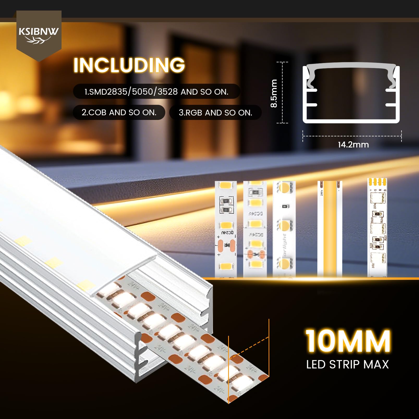 KSIBNW LED Profil Aluminium 1M 10Stück, U-Form Aluprofil Schiene Indirekte Beleuchtung Kanal mit Milchiger Abdeckung, Endkappen, Montageclips Diffusor für 8mm 10mm Breite LED Leiste Streifen Strip