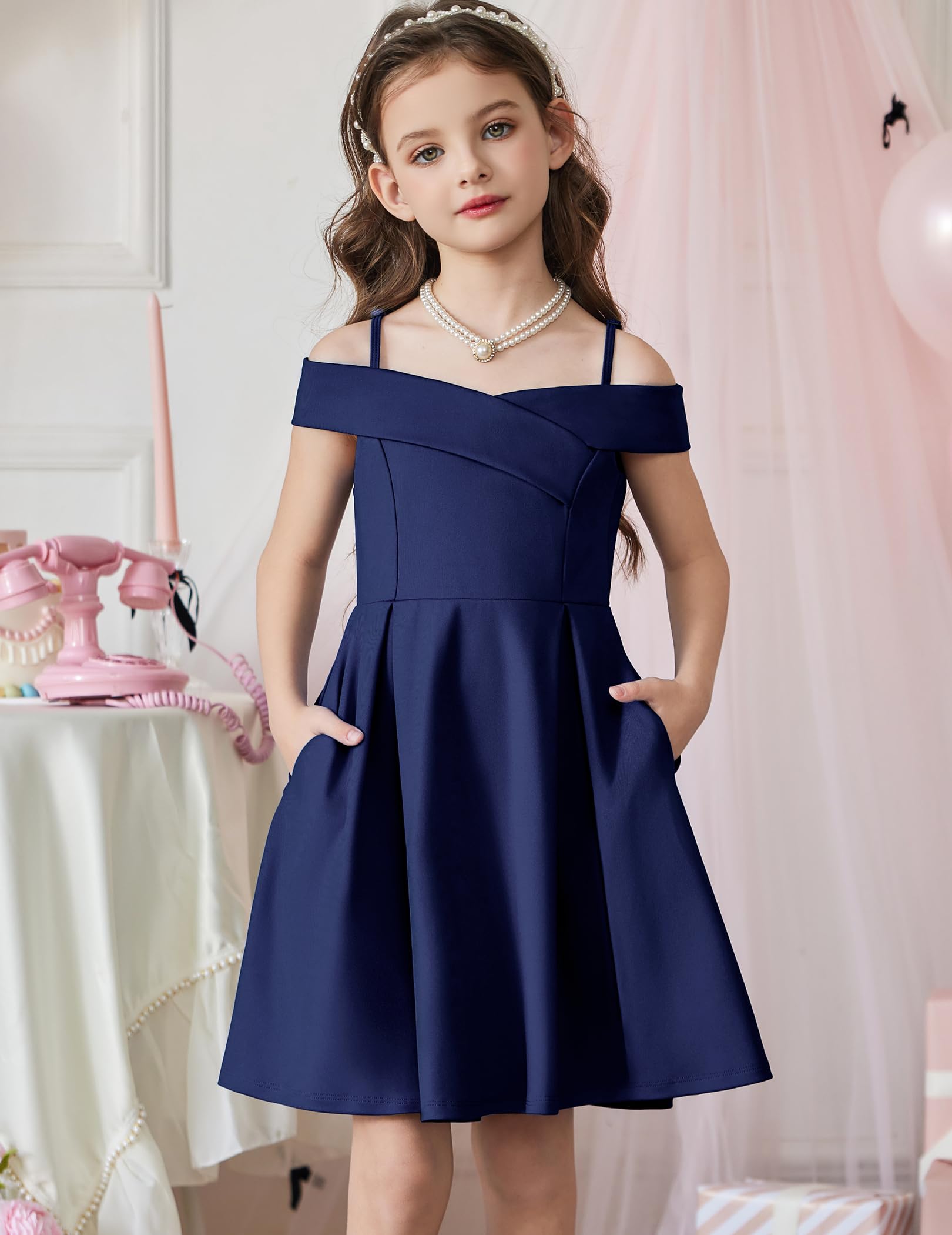 Arshiner Mädchen Kleid Schulterfrei Spaghettiträger Kinderkleid Ärmelloses Festliches Trägerkleid Sommer Partykleid Elegant Abendkleid für Mädchen 5-14 Jahre - 2