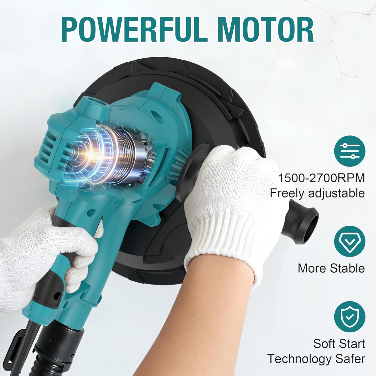 Drywall Sander, 750W Electric Drywall Sander with Vacuum Dust Collection, Variable Speed 1500–2700 RPM Wall Sander with 180mm Sanding Disc & Complete Accessories