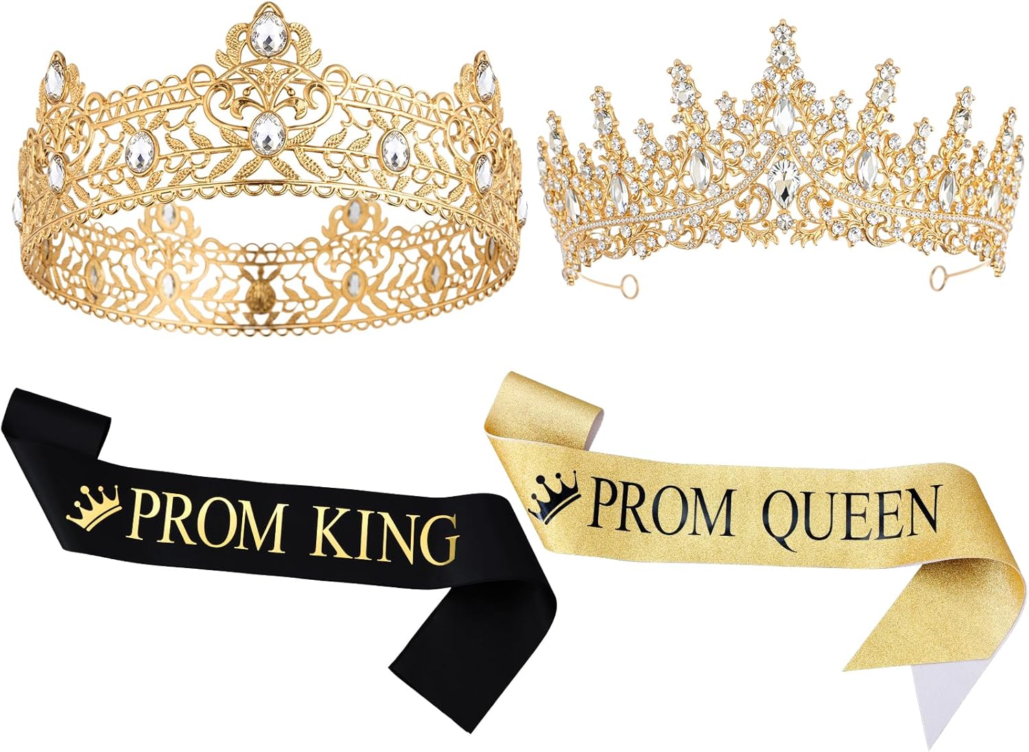 Retrowavy 4 Pcs Prom King and Queen Crown Set with Sashes Prom King Queen Sash and Tiara Set for 2026 Grad Birthday Carnival Wedding Costume Accessories(Gold)