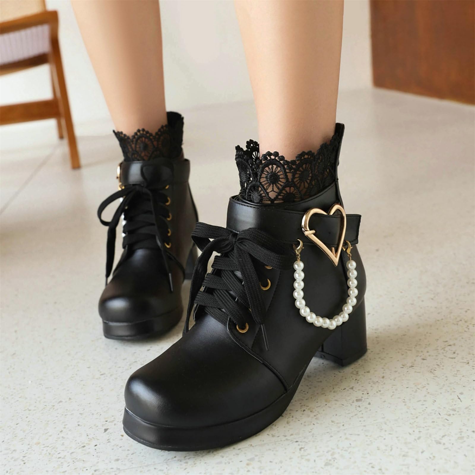 ZKXYFFS Women's Mary Janes Shoes Platform Chunky Heel Ankle Boots Gothic Cosplay Booties Strappy Bow Lace Party Dress Pumps Shoes Black