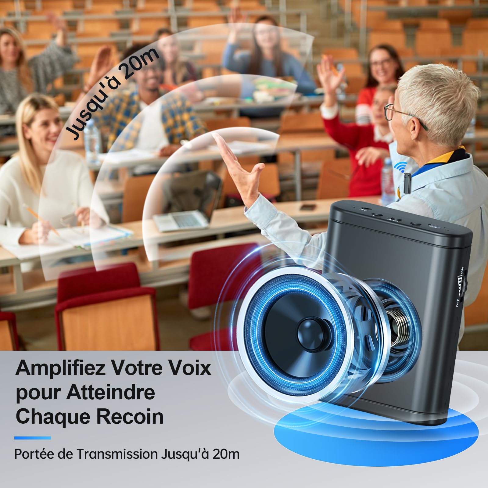 Moman Amplificateur de Voix avec Micro Cravate sans Fil, Haut-Parleur Portable sans Effet Larsen, Système de Sonorisation Personnel pour Enseignants