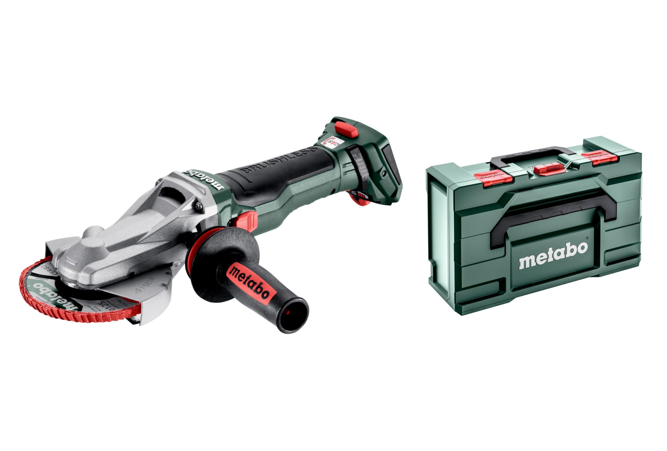metabo WVBF 18 LTX BL 15-125 Quick, Amoladora de Cabeza Plana 18V, 125 mm | Sin batería ni cargador, motor sin escobillas 1500W, para ángulos de 43°, en metaBOX, compatible con sistema CAS de 18 V